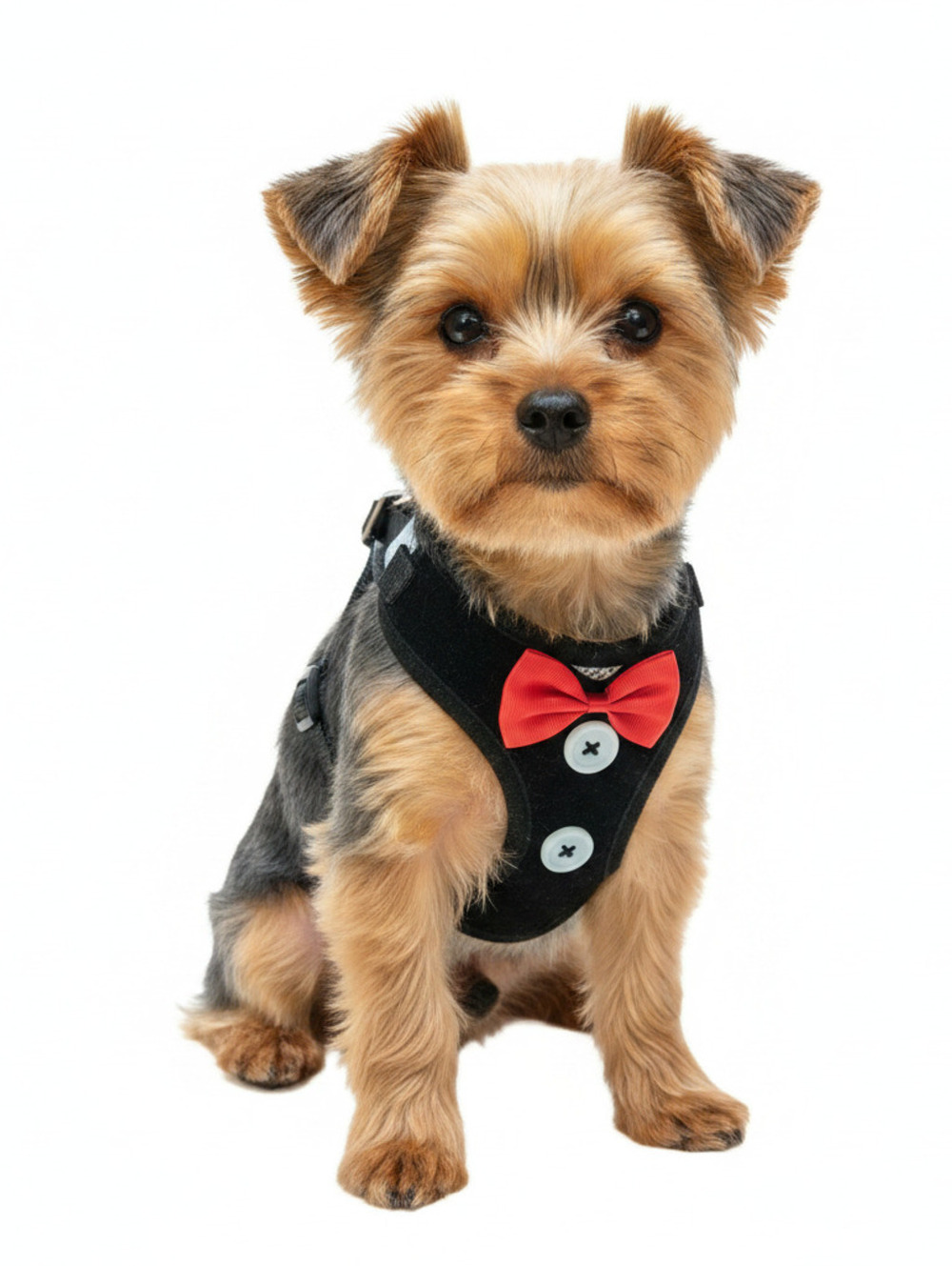 Black Pet Harness with Red Bow Tie and Button Detail